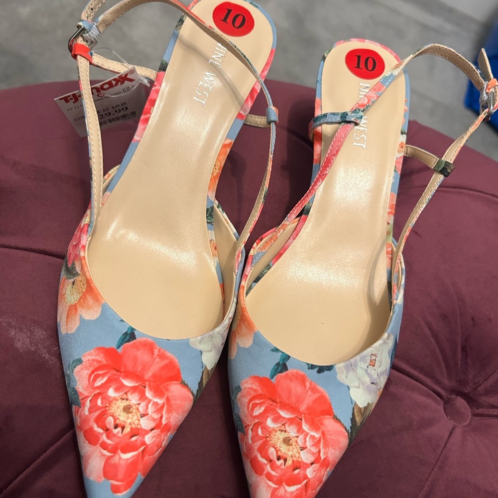 Nine West Floral Slingback Heels - Blue and Red